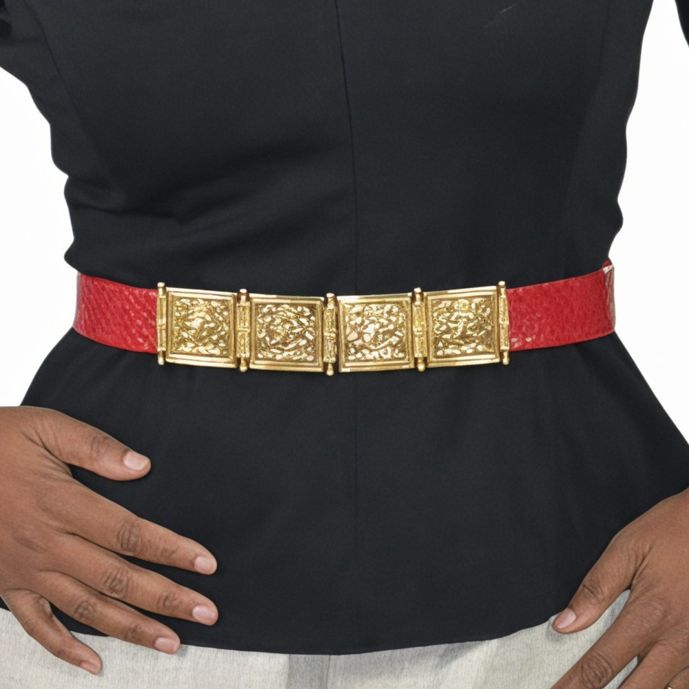Vintage Accessocraft Crest Statement Belt Red Faux Snake Heraldic Lion One Size